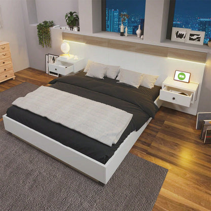 Doppelbett Bettanlage mit 2 LED Nachtkommoden& USB C Steckdose 140 x 200 cm Holzbett inkl. 2 Nachttischen Schlafzimmer Komplett--205x244x90.5 cm(L/B/H) Set in Eiche Sonoma/Weiß
