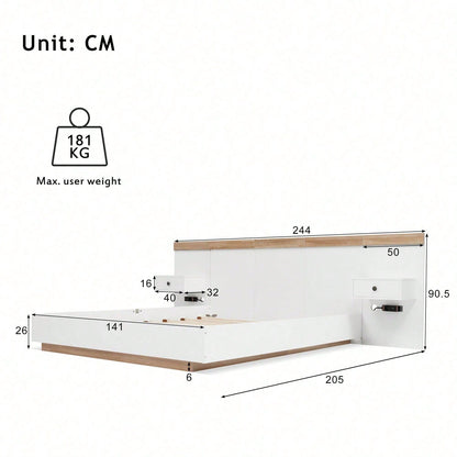 Doppelbett Bettanlage mit 2 LED Nachtkommoden& USB C Steckdose 140 x 200 cm Holzbett inkl. 2 Nachttischen Schlafzimmer Komplett--205x244x90.5 cm(L/B/H) Set in Eiche Sonoma/Weiß