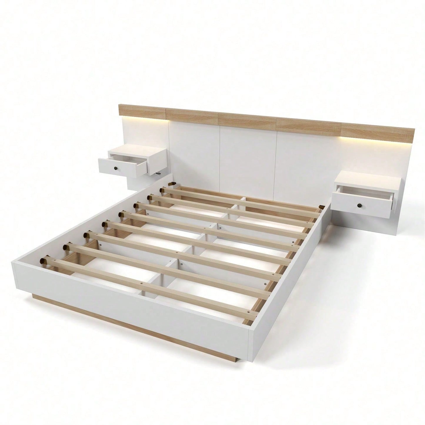 Doppelbett Bettanlage mit 2 LED Nachtkommoden& USB C Steckdose 140 x 200 cm Holzbett inkl. 2 Nachttischen Schlafzimmer Komplett--205x244x90.5 cm(L/B/H) Set in Eiche Sonoma/Weiß