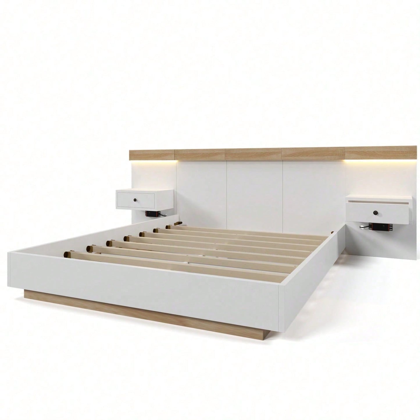 Doppelbett Bettanlage mit 2 LED Nachtkommoden& USB C Steckdose 140 x 200 cm Holzbett inkl. 2 Nachttischen Schlafzimmer Komplett--205x244x90.5 cm(L/B/H) Set in Eiche Sonoma/Weiß