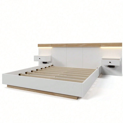 Doppelbett Bettanlage mit 2 LED Nachtkommoden& USB C Steckdose 140 x 200 cm Holzbett inkl. 2 Nachttischen Schlafzimmer Komplett--205x244x90.5 cm(L/B/H) Set in Eiche Sonoma/Weiß