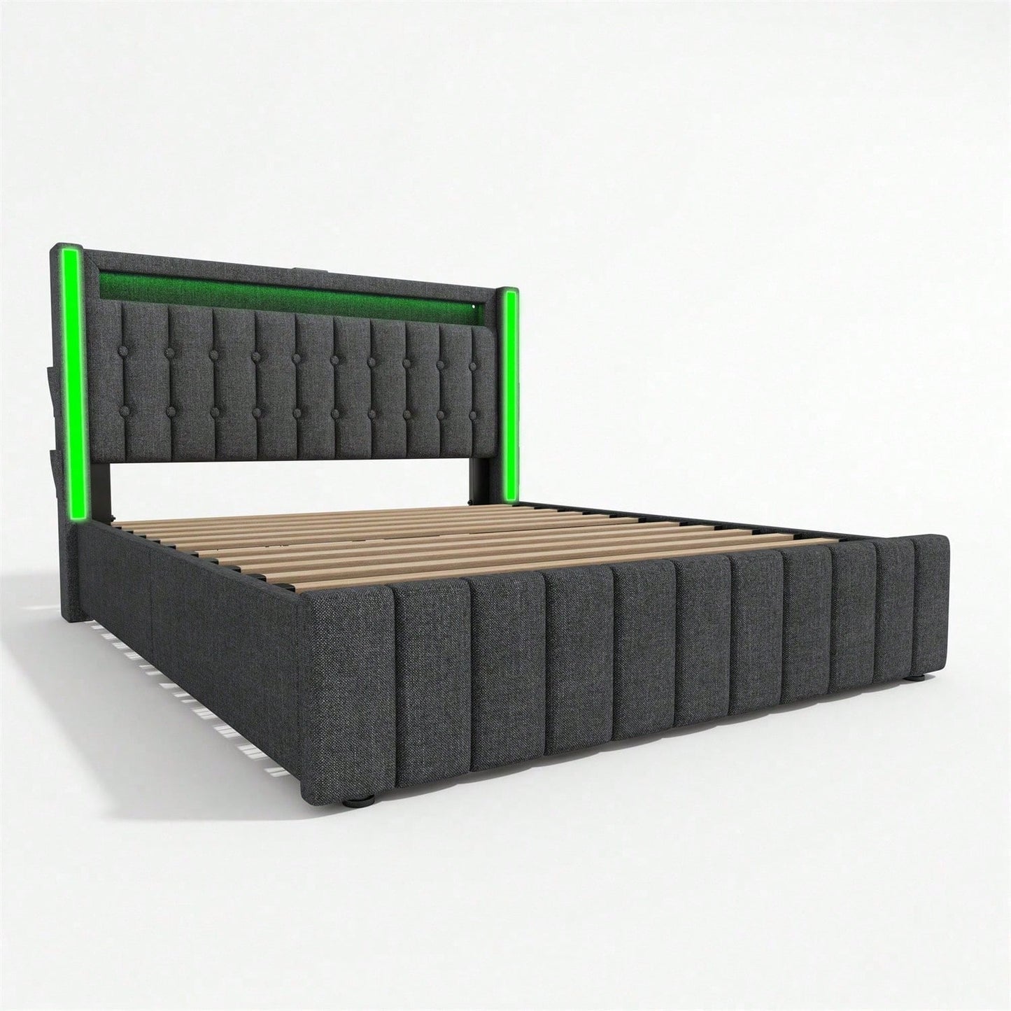 Polsterbett USB Typ C Ladefunktion LED-Beleuchtung und 4 Schubladen, Jugendbetten 140x200cm Doppelbett Stauraumbetten Bettgestell, Lattenrost aus Holz, Grau