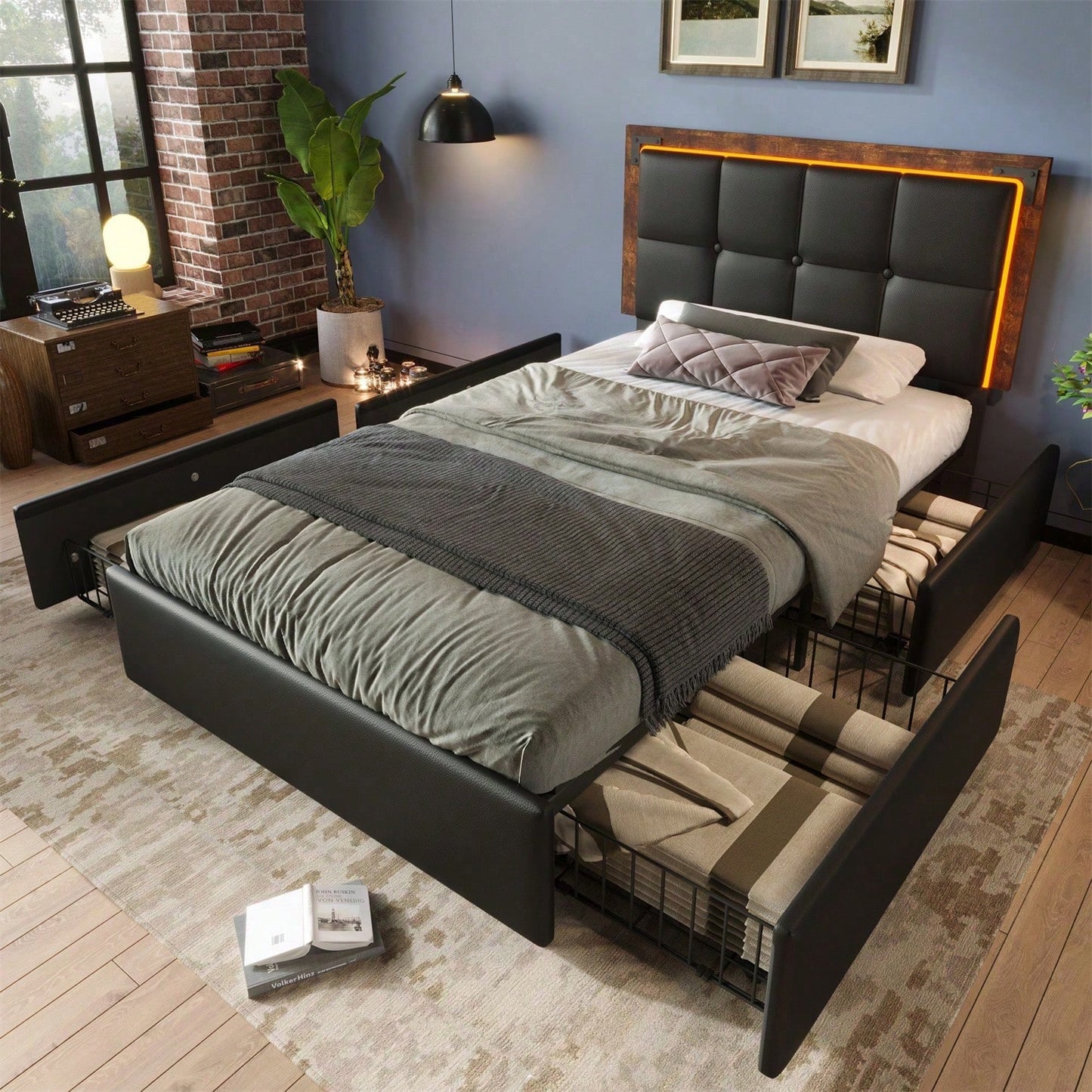 Bettgestell mit LED-Beleuchtungsleiste und 4 Schubladen, Einzelbett Polsterbett 90x200cm, Höhenverstellbarem Kopfteil, Funktionsbett, PU Schwarz