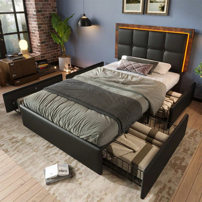 Bettgestell mit LED-Beleuchtungsleiste und 4 Schubladen, Einzelbett Polsterbett 90x200cm, Höhenverstellbarem Kopfteil, Funktionsbett, PU Schwarz