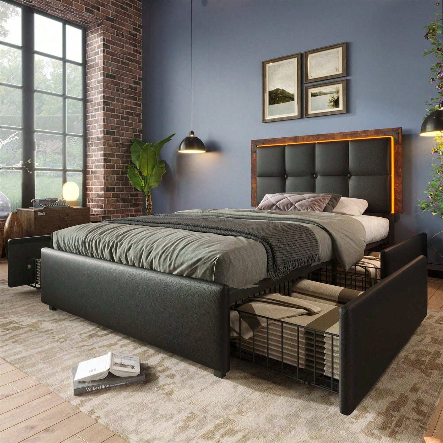 Bettgestell mit LED-Beleuchtungsleiste und 4 Schubladen, Einzelbett Polsterbett 90x200cm, Höhenverstellbarem Kopfteil, Funktionsbett, PU Schwarz