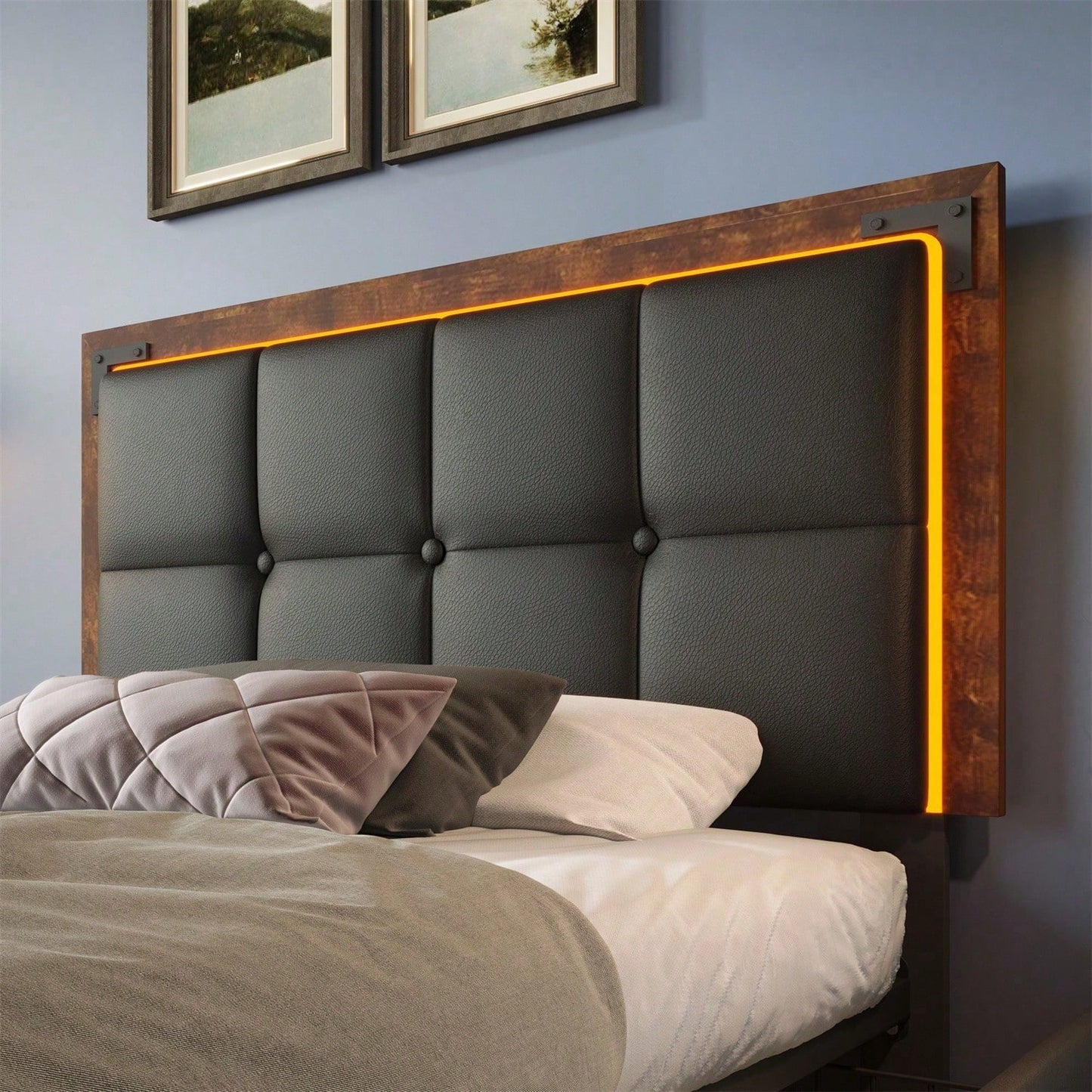 Bettgestell mit LED-Beleuchtungsleiste und 4 Schubladen, Einzelbett Polsterbett 90x200cm, Höhenverstellbarem Kopfteil, Funktionsbett, PU Schwarz