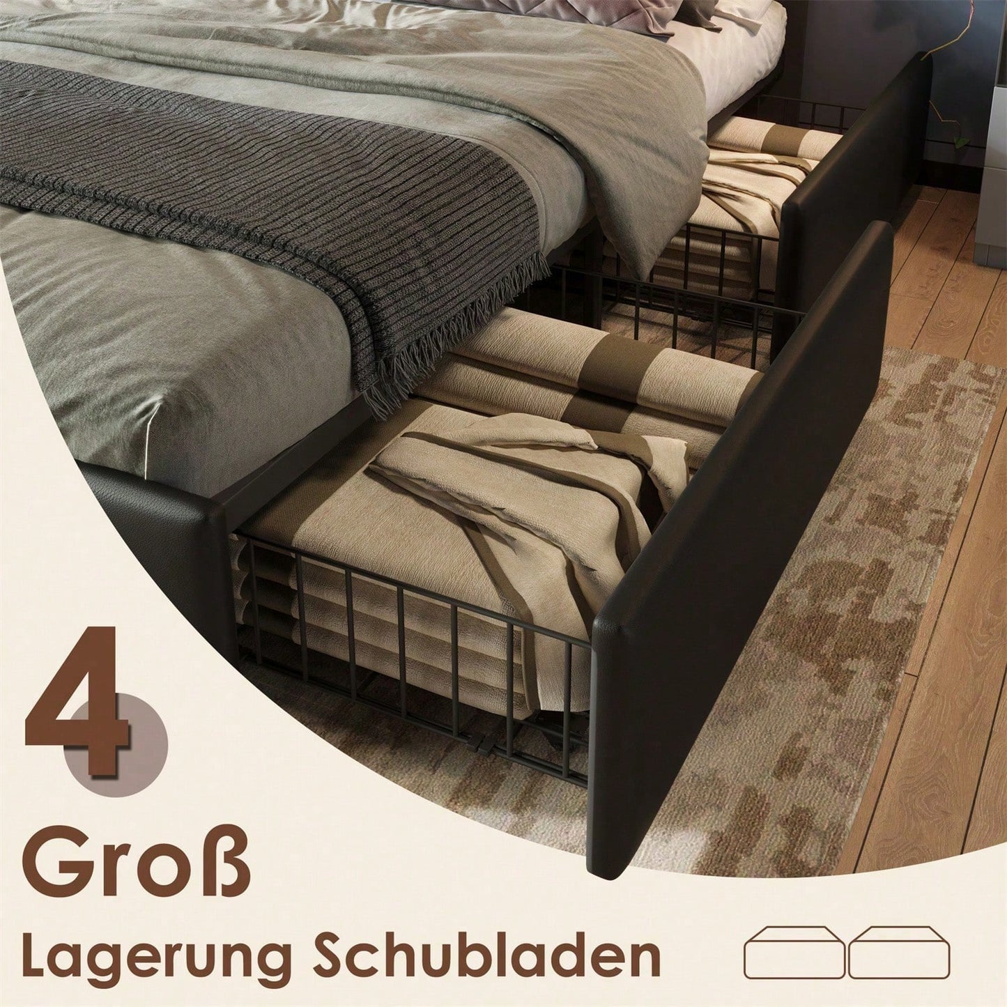 Bettgestell mit LED-Beleuchtungsleiste und 4 Schubladen, Einzelbett Polsterbett 90x200cm, Höhenverstellbarem Kopfteil, Funktionsbett, PU Schwarz