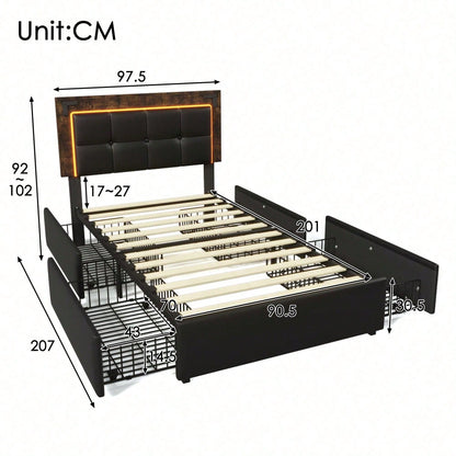 Bettgestell mit LED-Beleuchtungsleiste und 4 Schubladen, Einzelbett Polsterbett 90x200cm, Höhenverstellbarem Kopfteil, Funktionsbett, PU Schwarz