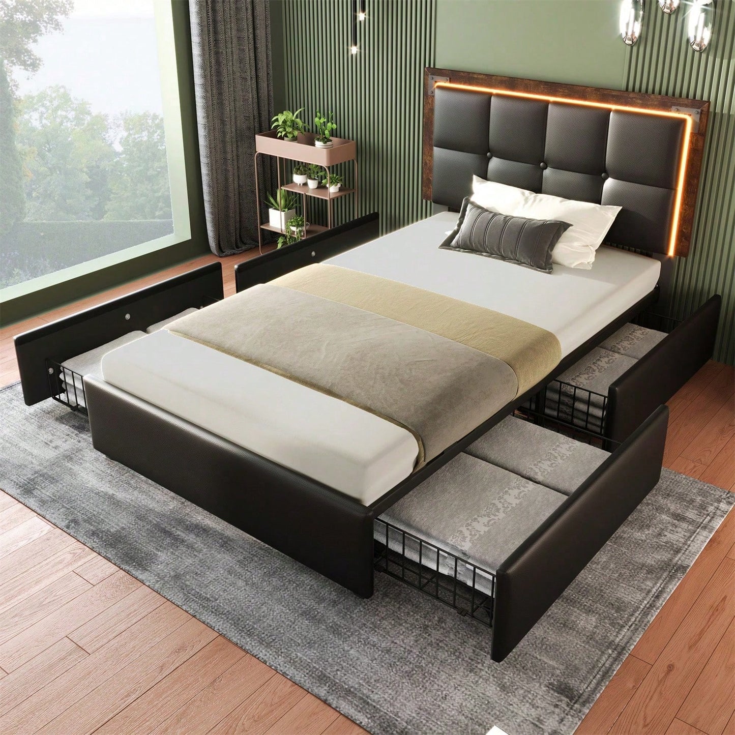 Bettgestell mit LED-Beleuchtungsleiste und 4 Schubladen, Einzelbett Polsterbett 90x200cm, Höhenverstellbarem Kopfteil, Funktionsbett, PU Schwarz