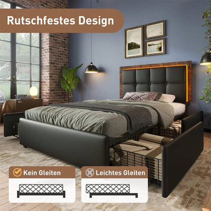 Bettgestell mit LED-Beleuchtungsleiste und 4 Schubladen, Einzelbett Polsterbett 90x200cm, Höhenverstellbarem Kopfteil, Funktionsbett, PU Schwarz