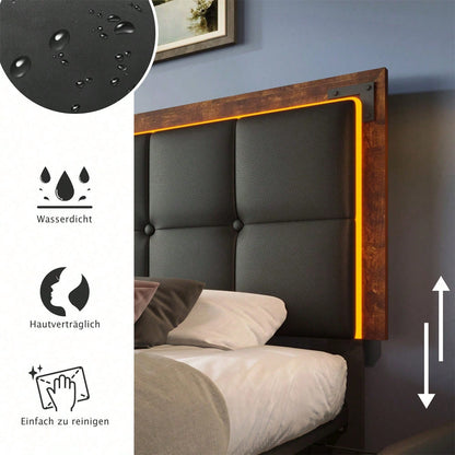 Bettgestell mit LED-Beleuchtungsleiste und 4 Schubladen, Einzelbett Polsterbett 90x200cm, Höhenverstellbarem Kopfteil, Funktionsbett, PU Schwarz