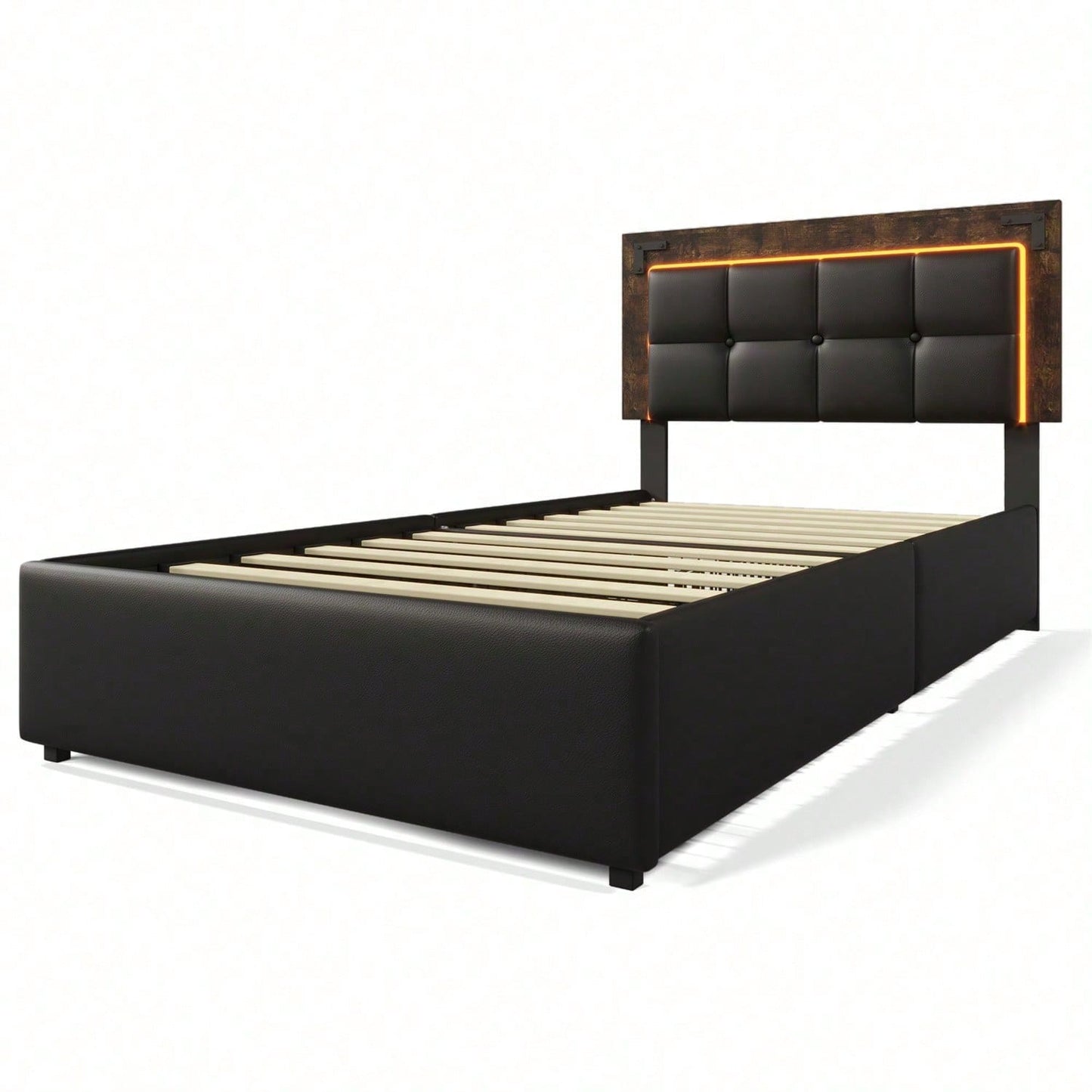 Bettgestell mit LED-Beleuchtungsleiste und 4 Schubladen, Einzelbett Polsterbett 90x200cm, Höhenverstellbarem Kopfteil, Funktionsbett, PU Schwarz