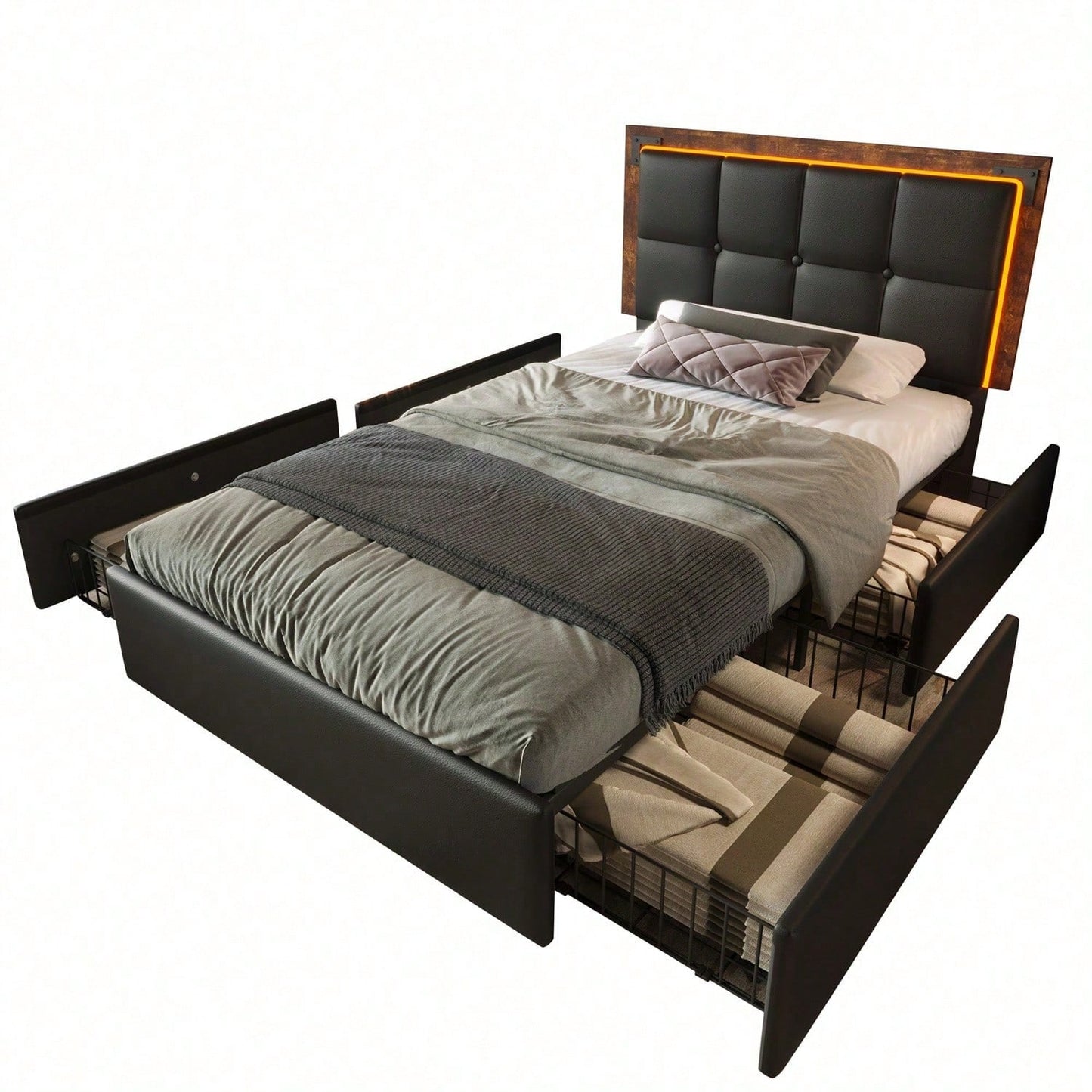 Bettgestell mit LED-Beleuchtungsleiste und 4 Schubladen, Einzelbett Polsterbett 90x200cm, Höhenverstellbarem Kopfteil, Funktionsbett, PU Schwarz