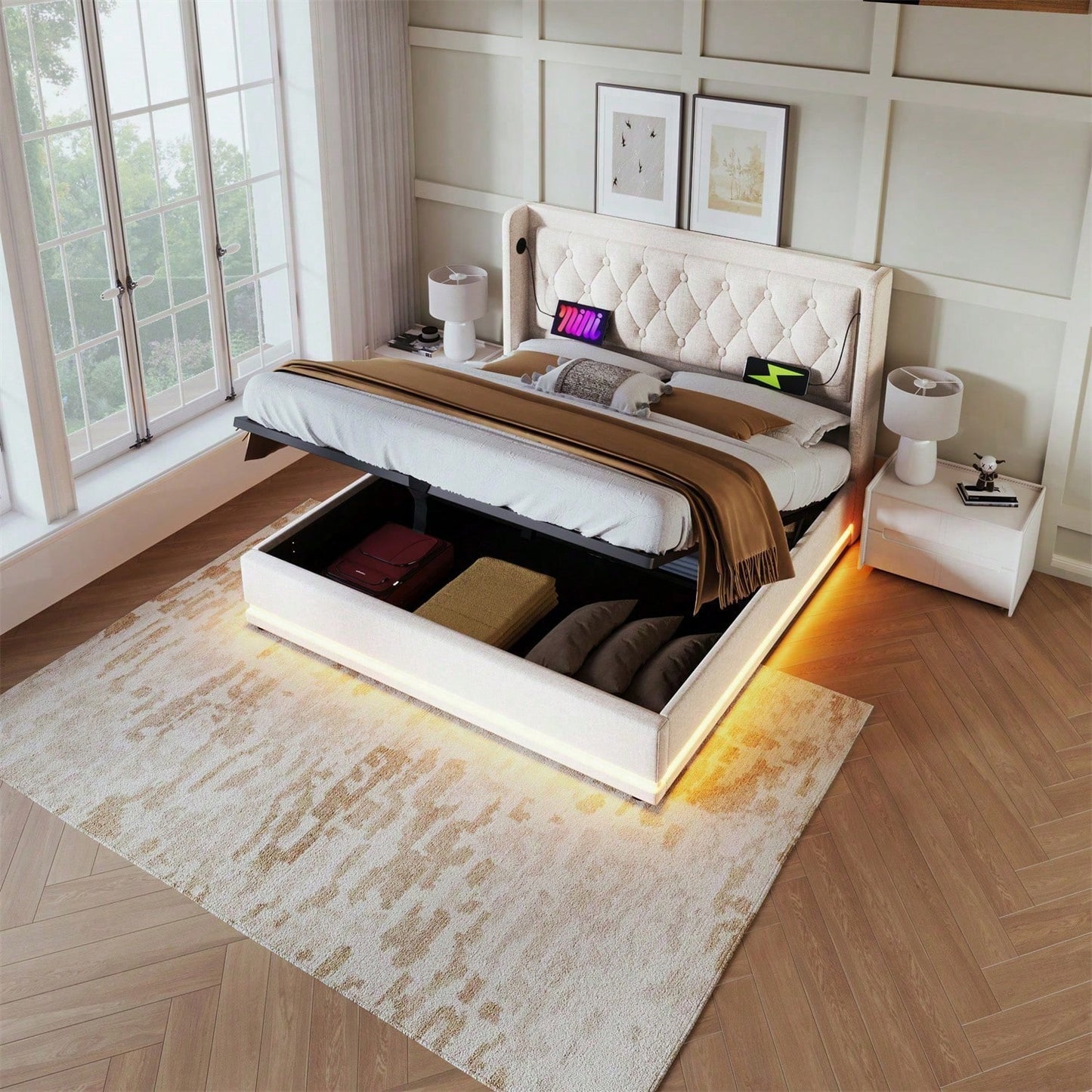 Polsterbett Doppelbett 160*200 cm,Beige Baumwolle-Material Hydraulisches Stauraumbett, gepolstertes Kopfteil mit USB Typ-C Ladefunktion, 3-seitige LED-Funktion
