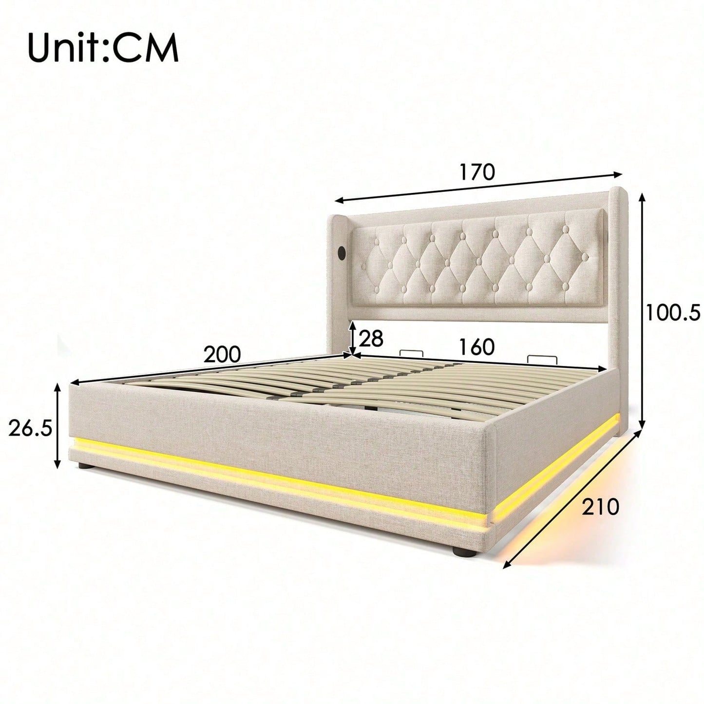 Polsterbett Doppelbett 160*200 cm,Beige Baumwolle-Material Hydraulisches Stauraumbett, gepolstertes Kopfteil mit USB Typ-C Ladefunktion, 3-seitige LED-Funktion