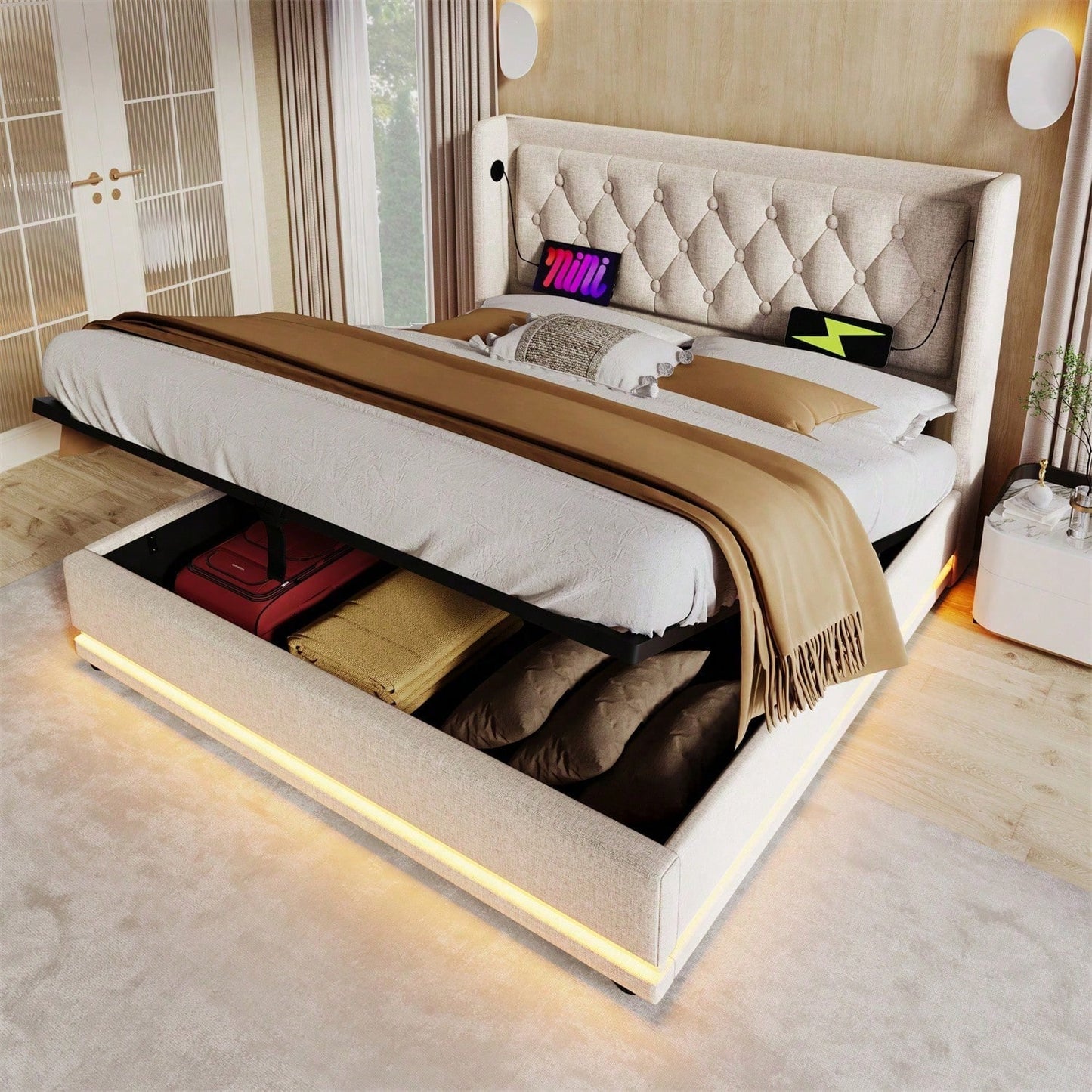 Polsterbett Doppelbett 160*200 cm,Beige Baumwolle-Material Hydraulisches Stauraumbett, gepolstertes Kopfteil mit USB Typ-C Ladefunktion, 3-seitige LED-Funktion