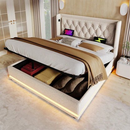 Polsterbett Doppelbett 160*200 cm,Beige Baumwolle-Material Hydraulisches Stauraumbett, gepolstertes Kopfteil mit USB Typ-C Ladefunktion, 3-seitige LED-Funktion
