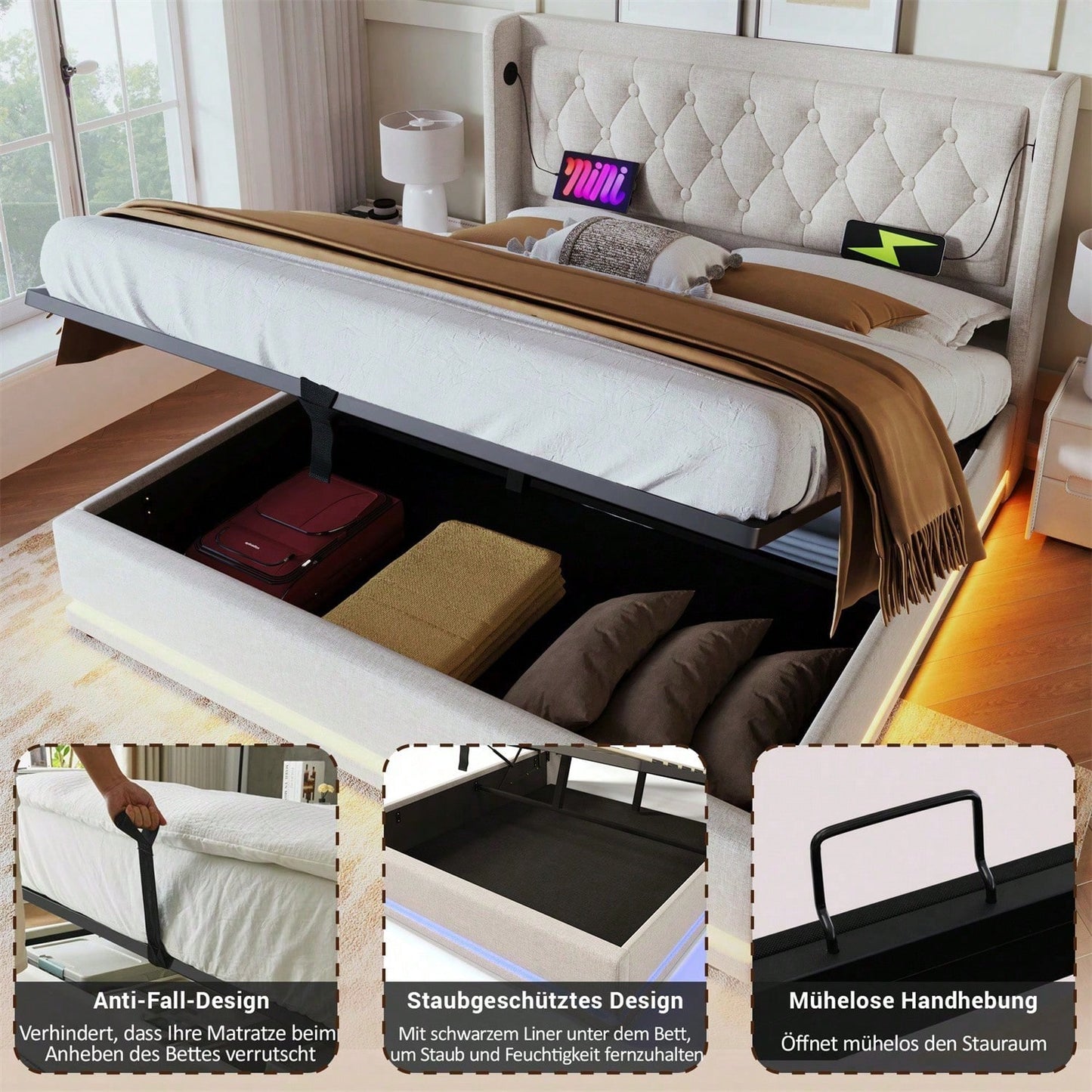 Polsterbett Doppelbett 160*200 cm,Beige Baumwolle-Material Hydraulisches Stauraumbett, gepolstertes Kopfteil mit USB Typ-C Ladefunktion, 3-seitige LED-Funktion