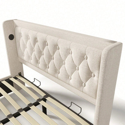 Polsterbett Doppelbett 160*200 cm,Beige Baumwolle-Material Hydraulisches Stauraumbett, gepolstertes Kopfteil mit USB Typ-C Ladefunktion, 3-seitige LED-Funktion