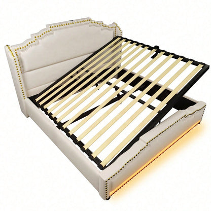 Polsterbett 160x200, Doppelbett mit hydraulischem Stauraum, LED-Beleuchtung und USB-C-Ladeanschluss, Stauraumbett und Jugendbett mit Lattenrost, Samt, Beige, ohne Matratze