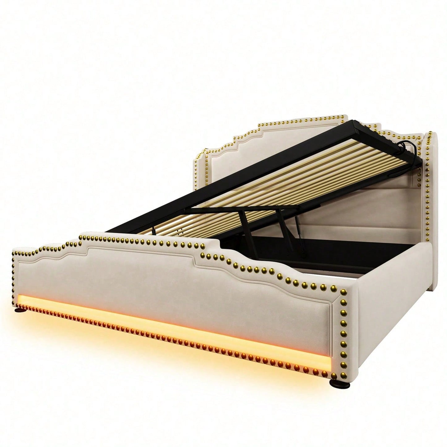 Polsterbett 160x200, Doppelbett mit hydraulischem Stauraum, LED-Beleuchtung und USB-C-Ladeanschluss, Stauraumbett und Jugendbett mit Lattenrost, Samt, Beige, ohne Matratze