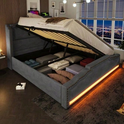 Polsterbett 160x200, Doppelbett mit hydraulischem Stauraum, LED-Beleuchtung und USB-C-Ladeanschluss, Stauraumbett und Jugendbett mit Lattenrost, Samt, Beige, ohne Matratze