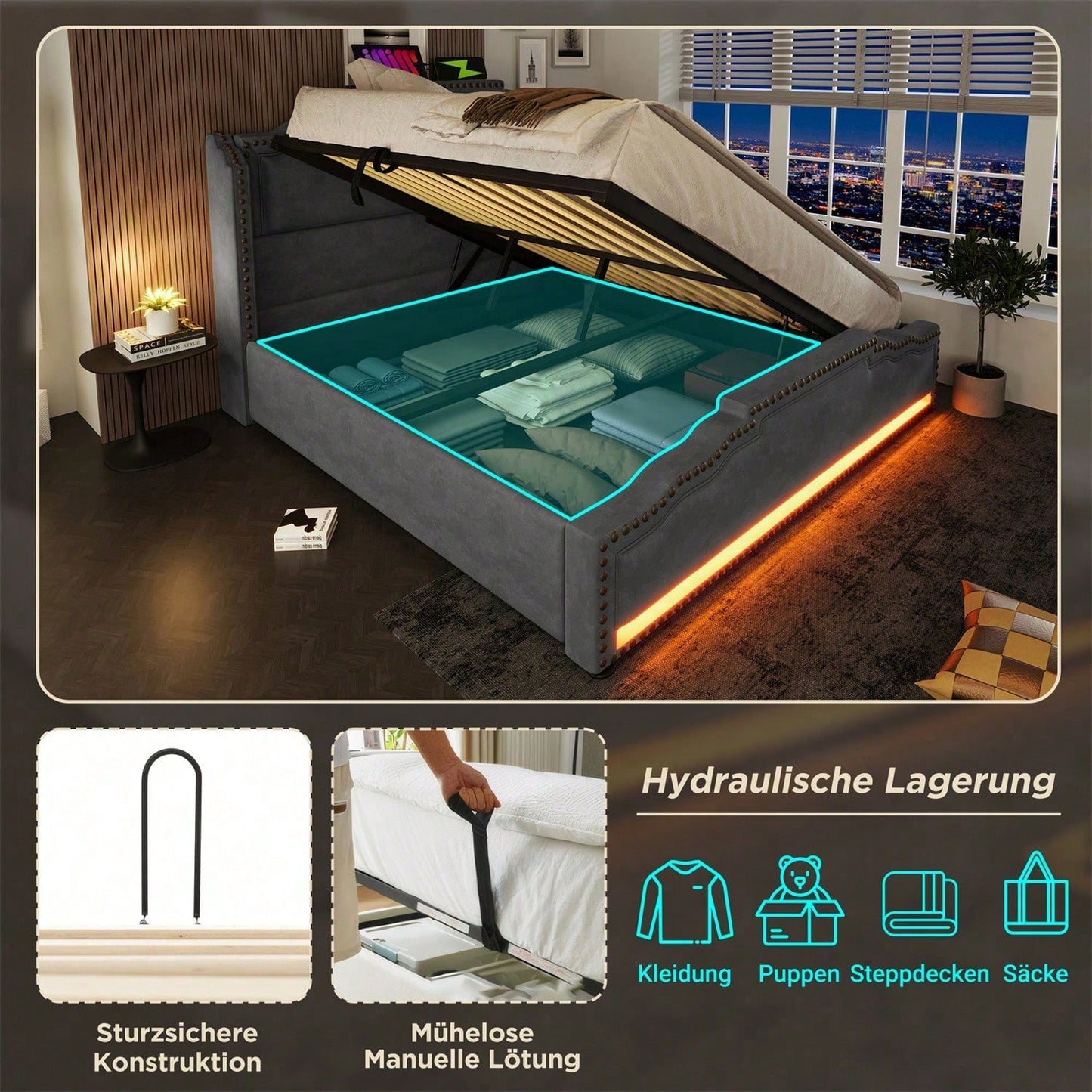 Polsterbett 160x200, Doppelbett mit hydraulischem Stauraum, LED-Beleuchtung und USB-C-Ladeanschluss, Stauraumbett und Jugendbett mit Lattenrost, Samt, Beige, ohne Matratze