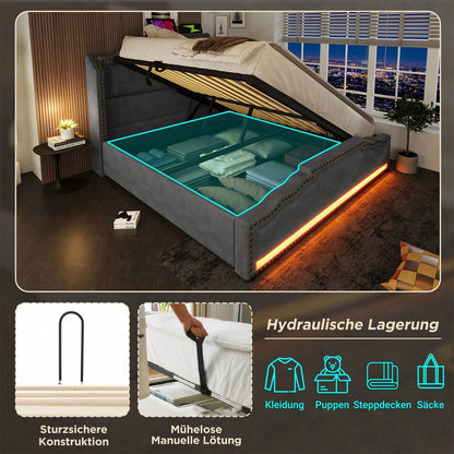 Polsterbett 160x200, Doppelbett mit hydraulischem Stauraum, LED-Beleuchtung und USB-C-Ladeanschluss, Stauraumbett und Jugendbett mit Lattenrost, Samt, Beige, ohne Matratze