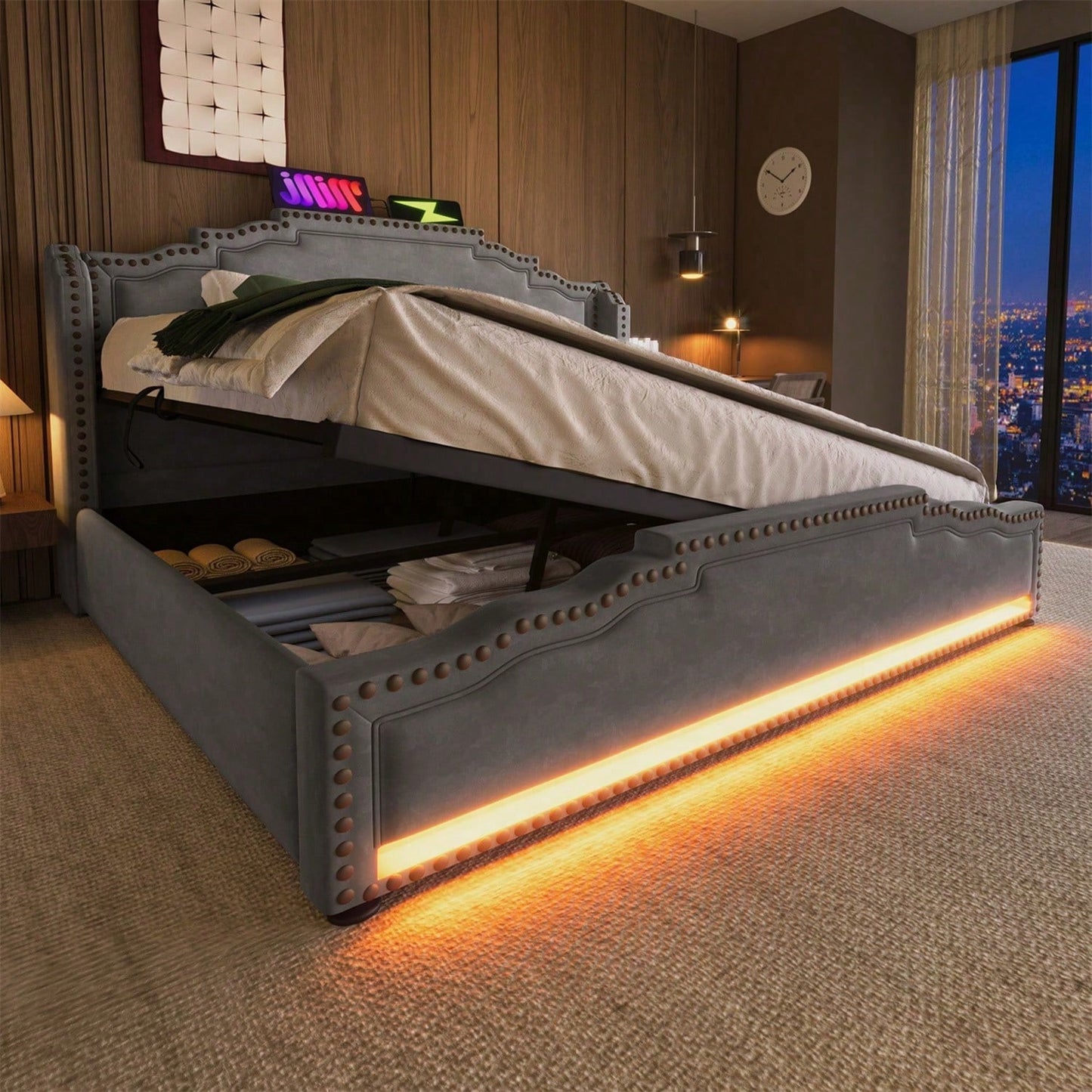 Polsterbett 160x200, Doppelbett mit hydraulischem Stauraum, LED-Beleuchtung und USB-C-Ladeanschluss, Stauraumbett und Jugendbett mit Lattenrost, Samt, Beige, ohne Matratze