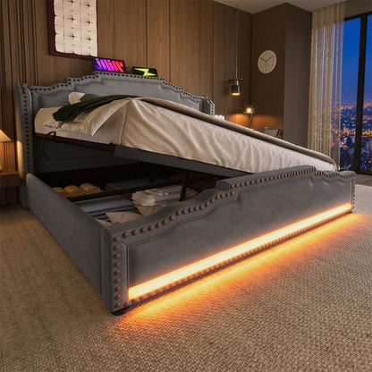 Polsterbett 160x200, Doppelbett mit hydraulischem Stauraum, LED-Beleuchtung und USB-C-Ladeanschluss, Stauraumbett und Jugendbett mit Lattenrost, Samt, Beige, ohne Matratze
