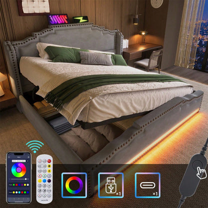 Polsterbett 160x200, Doppelbett mit hydraulischem Stauraum, LED-Beleuchtung und USB-C-Ladeanschluss, Stauraumbett und Jugendbett mit Lattenrost, Samt, Beige, ohne Matratze