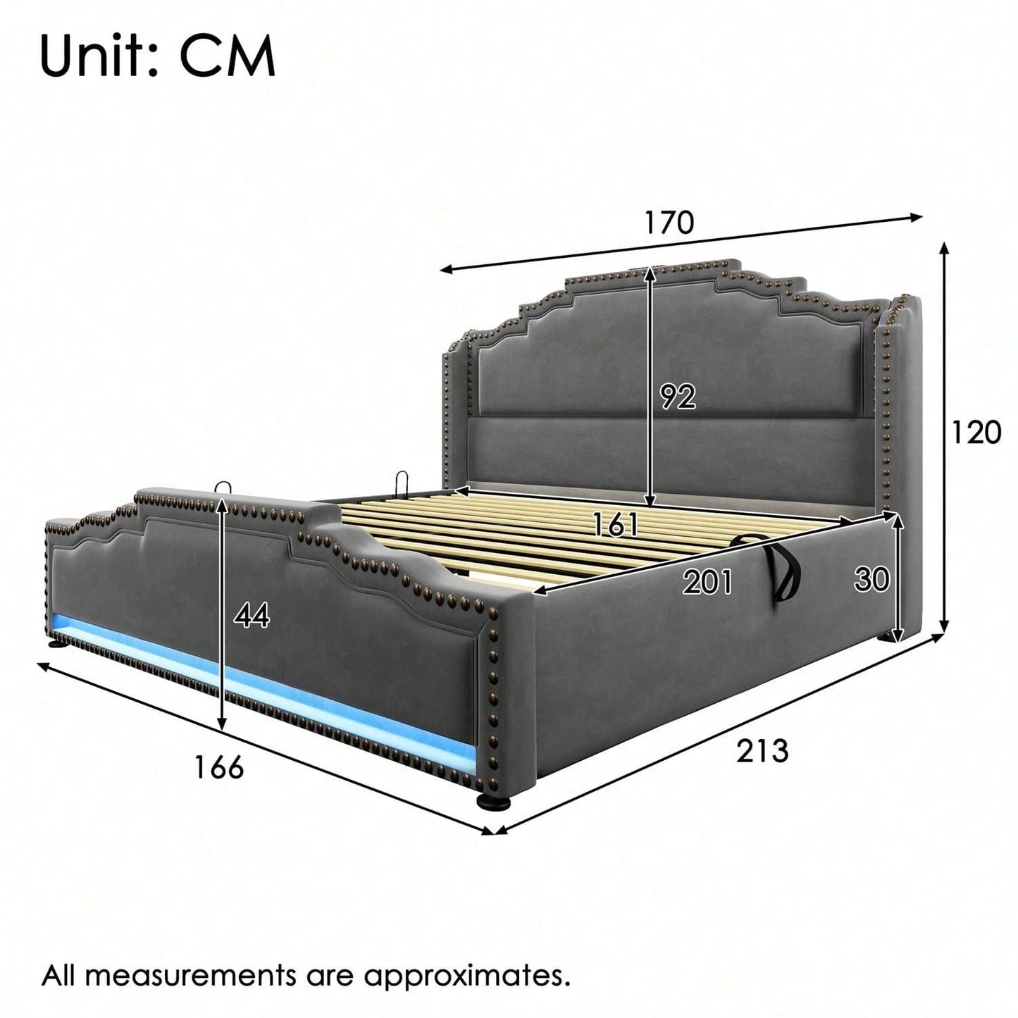 Polsterbett 160x200, Doppelbett mit hydraulischem Stauraum, LED-Beleuchtung und USB-C-Ladeanschluss, Stauraumbett und Jugendbett mit Lattenrost, Samt, Beige, ohne Matratze