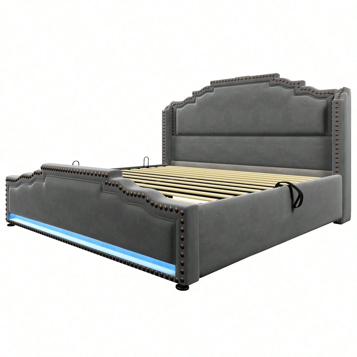 Polsterbett 160x200, Doppelbett mit hydraulischem Stauraum, LED-Beleuchtung und USB-C-Ladeanschluss, Stauraumbett und Jugendbett mit Lattenrost, Samt, Beige, ohne Matratze