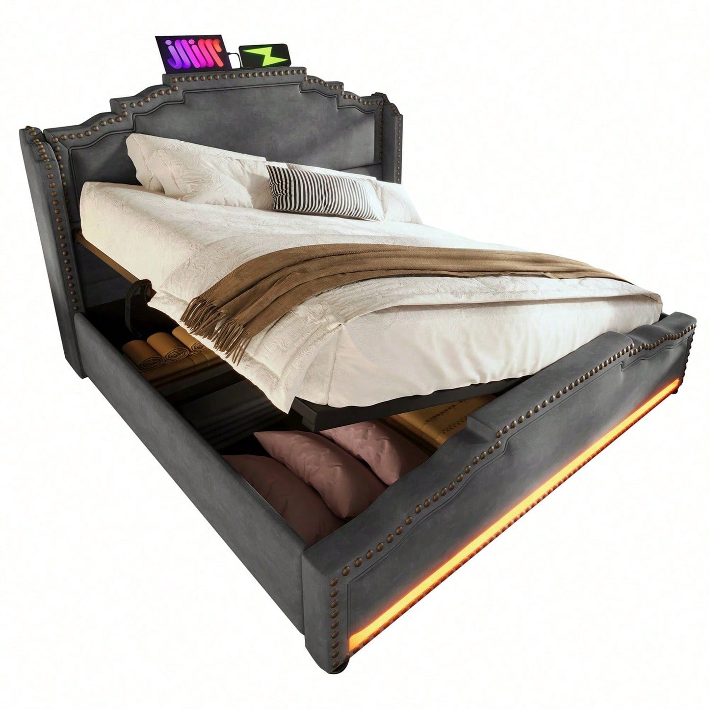 Polsterbett 160x200, Doppelbett mit hydraulischem Stauraum, LED-Beleuchtung und USB-C-Ladeanschluss, Stauraumbett und Jugendbett mit Lattenrost, Samt, Beige, ohne Matratze
