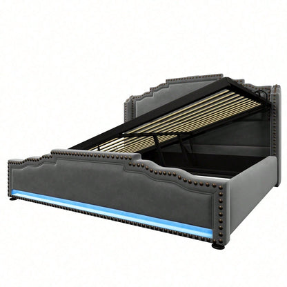 Polsterbett 160x200, Doppelbett mit hydraulischem Stauraum, LED-Beleuchtung und USB-C-Ladeanschluss, Stauraumbett und Jugendbett mit Lattenrost, Samt, Beige, ohne Matratze