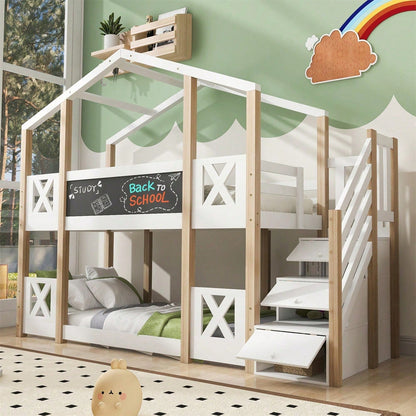 Etagenbett 90 x 200 cm,Kinderbett Baumhaus mit Treppe Stauraum und Rausfallschutz, Hochbett für Kinder– 2x Lattenrost- Natur & Weiß