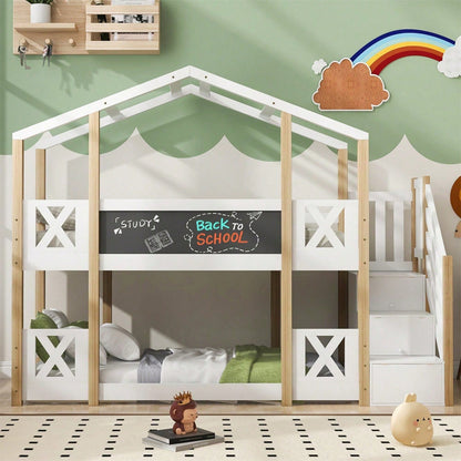 Etagenbett 90 x 200 cm,Kinderbett Baumhaus mit Treppe Stauraum und Rausfallschutz, Hochbett für Kinder– 2x Lattenrost- Natur & Weiß