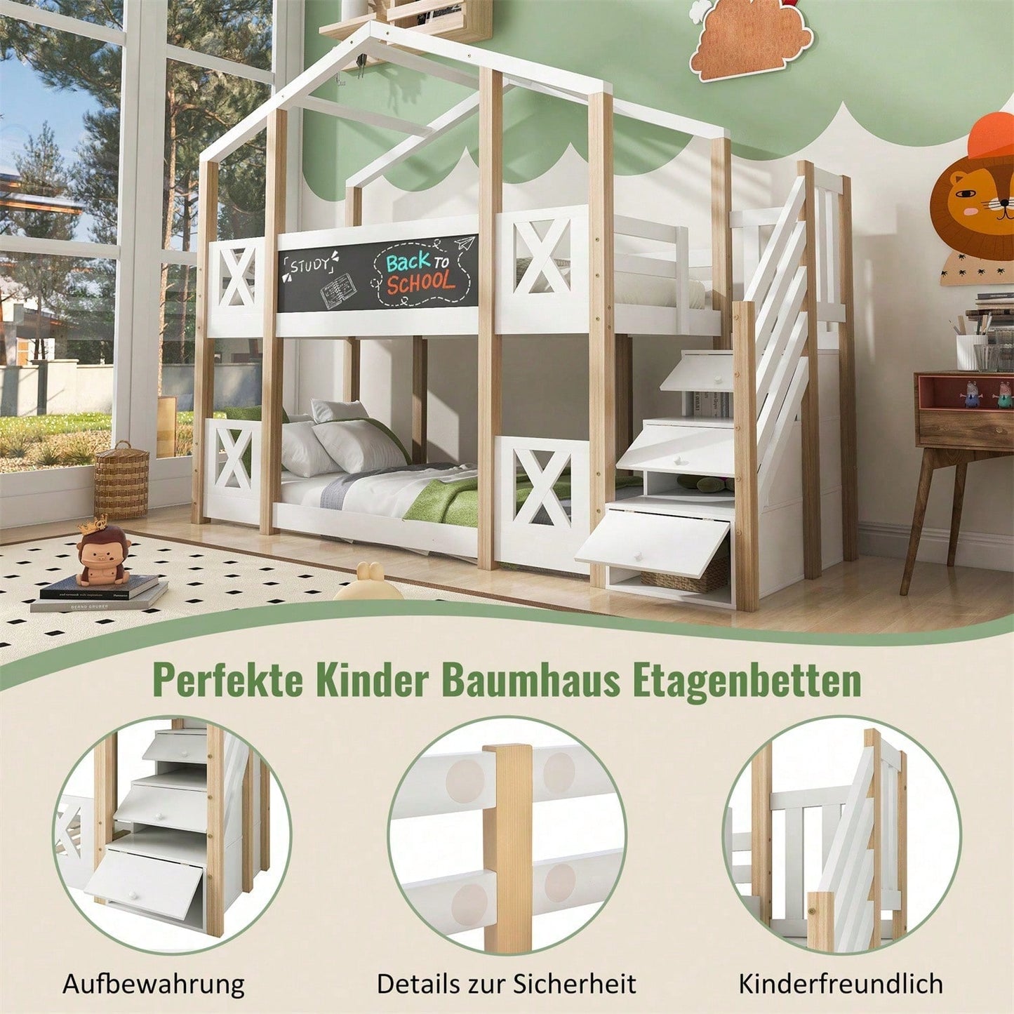 Etagenbett 90 x 200 cm,Kinderbett Baumhaus mit Treppe Stauraum und Rausfallschutz, Hochbett für Kinder– 2x Lattenrost- Natur & Weiß