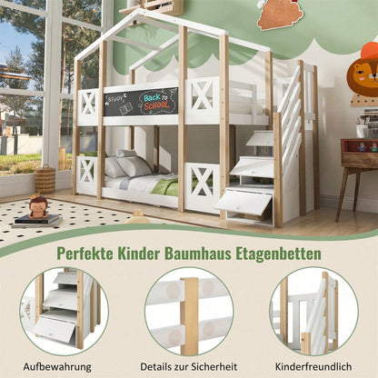 Etagenbett 90 x 200 cm,Kinderbett Baumhaus mit Treppe Stauraum und Rausfallschutz, Hochbett für Kinder– 2x Lattenrost- Natur & Weiß