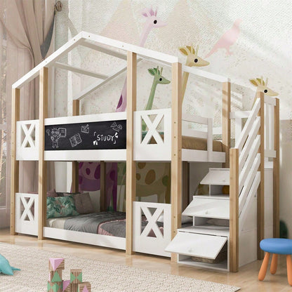Etagenbett 90 x 200 cm,Kinderbett Baumhaus mit Treppe Stauraum und Rausfallschutz, Hochbett für Kinder– 2x Lattenrost- Natur & Weiß
