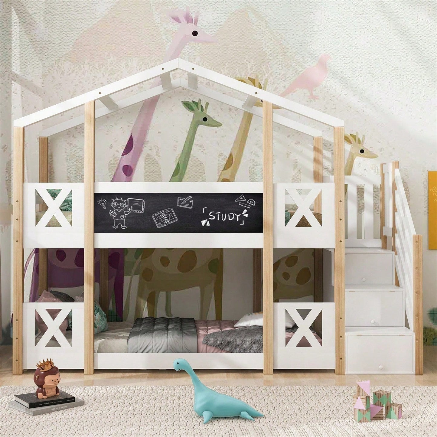 Etagenbett 90 x 200 cm,Kinderbett Baumhaus mit Treppe Stauraum und Rausfallschutz, Hochbett für Kinder– 2x Lattenrost- Natur & Weiß
