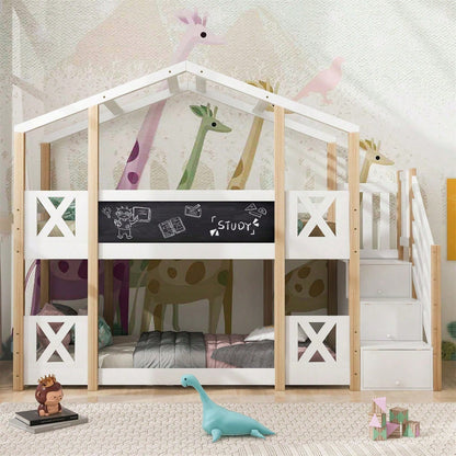 Etagenbett 90 x 200 cm,Kinderbett Baumhaus mit Treppe Stauraum und Rausfallschutz, Hochbett für Kinder– 2x Lattenrost- Natur & Weiß