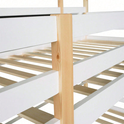 Etagenbett 90 x 200 cm,Kinderbett Baumhaus mit Treppe Stauraum und Rausfallschutz, Hochbett für Kinder– 2x Lattenrost- Natur & Weiß