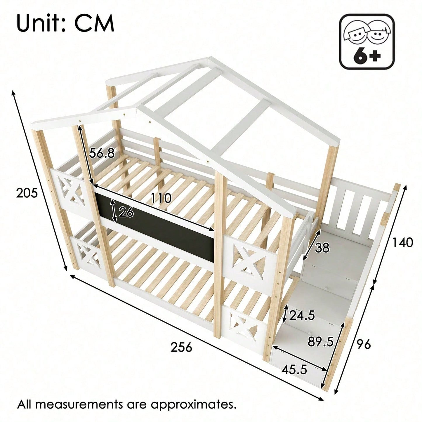 Etagenbett 90 x 200 cm,Kinderbett Baumhaus mit Treppe Stauraum und Rausfallschutz, Hochbett für Kinder– 2x Lattenrost- Natur & Weiß