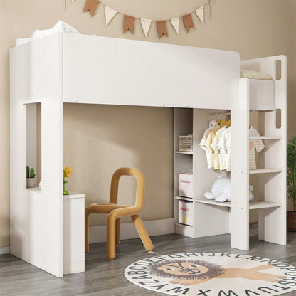 Kinderbett, Hochbett Einzelbett 90 x 200 cm, Vielseitiges 3-in-1 Holzbett- Mit Aufbewahrungsfächern, Kleiderschrank, offenen Regaleinheiten und Treppe, Weiß