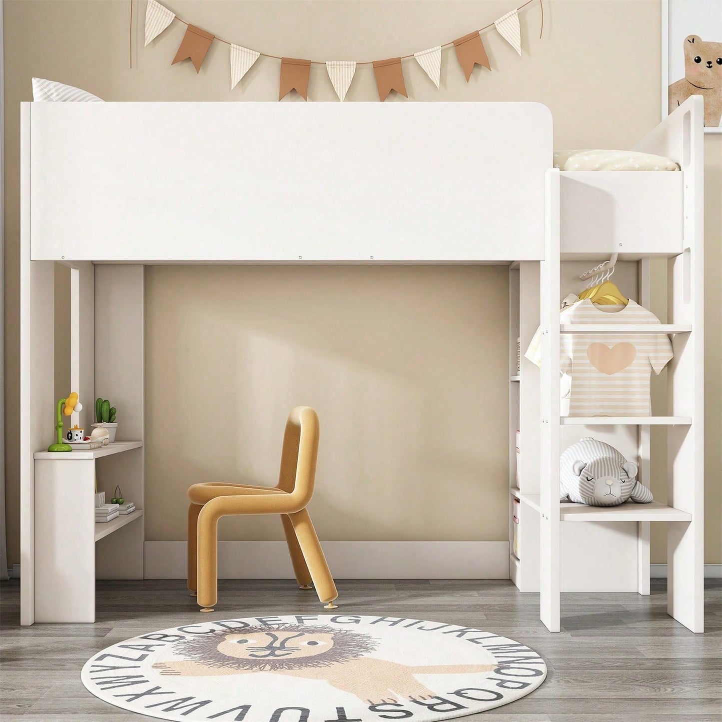 Kinderbett, Hochbett Einzelbett 90 x 200 cm, Vielseitiges 3-in-1 Holzbett- Mit Aufbewahrungsfächern, Kleiderschrank, offenen Regaleinheiten und Treppe, Weiß
