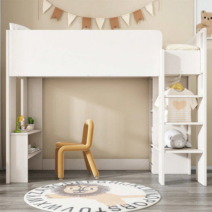 Kinderbett, Hochbett Einzelbett 90 x 200 cm, Vielseitiges 3-in-1 Holzbett- Mit Aufbewahrungsfächern, Kleiderschrank, offenen Regaleinheiten und Treppe, Weiß