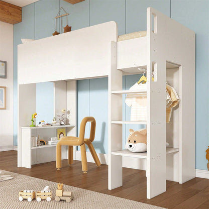 Kinderbett, Hochbett Einzelbett 90 x 200 cm, Vielseitiges 3-in-1 Holzbett- Mit Aufbewahrungsfächern, Kleiderschrank, offenen Regaleinheiten und Treppe, Weiß