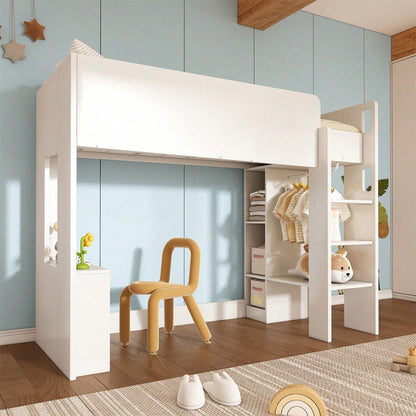 Kinderbett, Hochbett Einzelbett 90 x 200 cm, Vielseitiges 3-in-1 Holzbett- Mit Aufbewahrungsfächern, Kleiderschrank, offenen Regaleinheiten und Treppe, Weiß