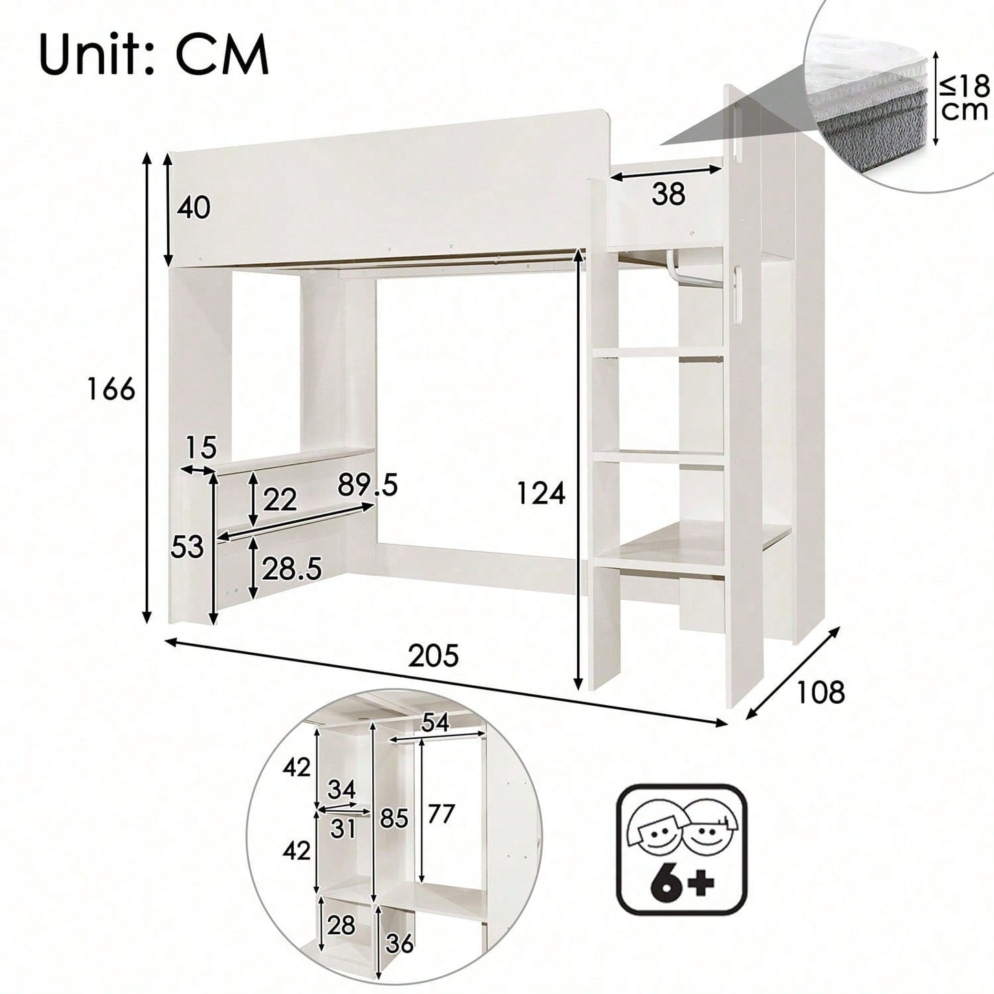 Kinderbett, Hochbett Einzelbett 90 x 200 cm, Vielseitiges 3-in-1 Holzbett- Mit Aufbewahrungsfächern, Kleiderschrank, offenen Regaleinheiten und Treppe, Weiß